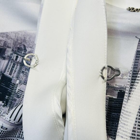 Deca Jacket Womens Large White Black Cityscape Print Graphic Tunic Urban Skyline - Picture 10 of 10